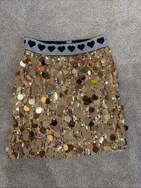 Lola + the boys Gold Sequin Skirt with Heart-Trim Elastic Waistband